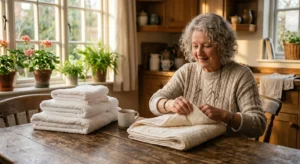 An older adult folds soft, fluffy white and cream bath towels at a sunlit wooden table in a cozy home environment.