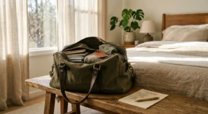 An open canvas travel bag on a wooden bench in a sunlit bedroom with a handwritten checklist, preparing for vacation.