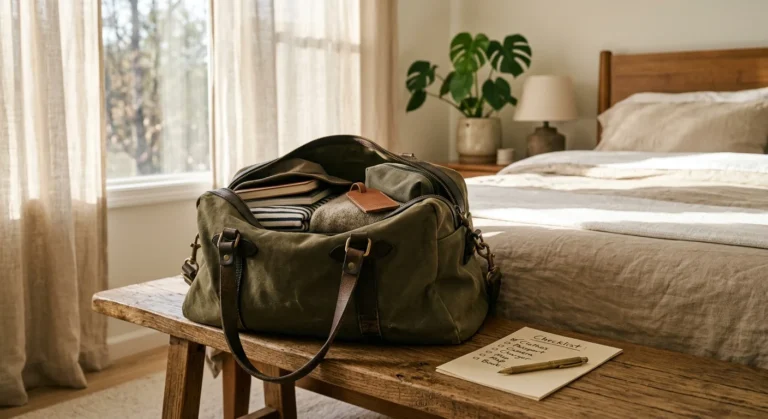 An open canvas travel bag on a wooden bench in a sunlit bedroom with a handwritten checklist, preparing for vacation.