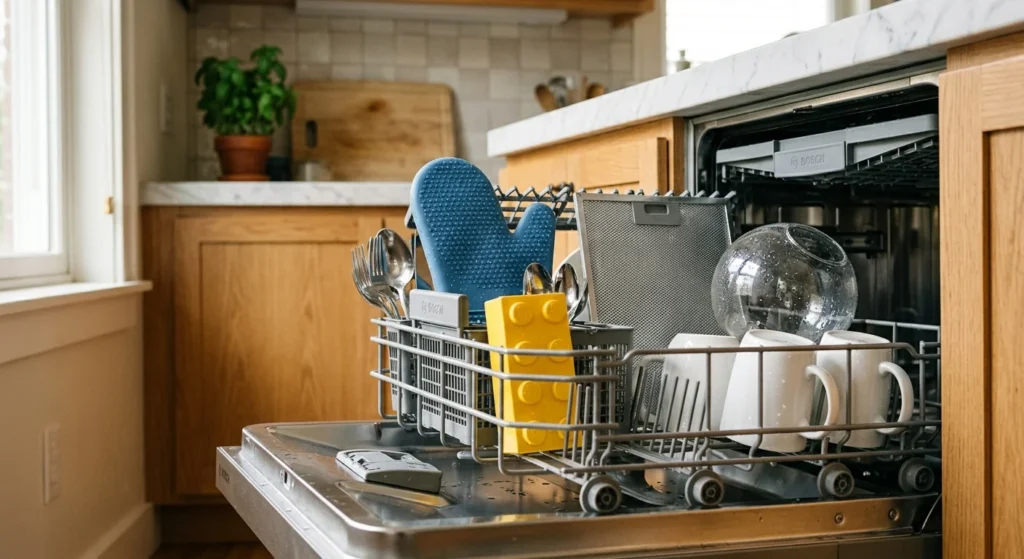 An open dishwasher filled with an unexpected mix of items like a silicone mitt, toy block, range hood filter, and glass light globe.