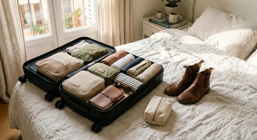 An open, neatly packed suitcase with travel organizers on a white linen bed in a sunlit room.