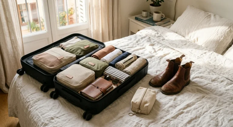 An open, neatly packed suitcase with travel organizers on a white linen bed in a sunlit room.