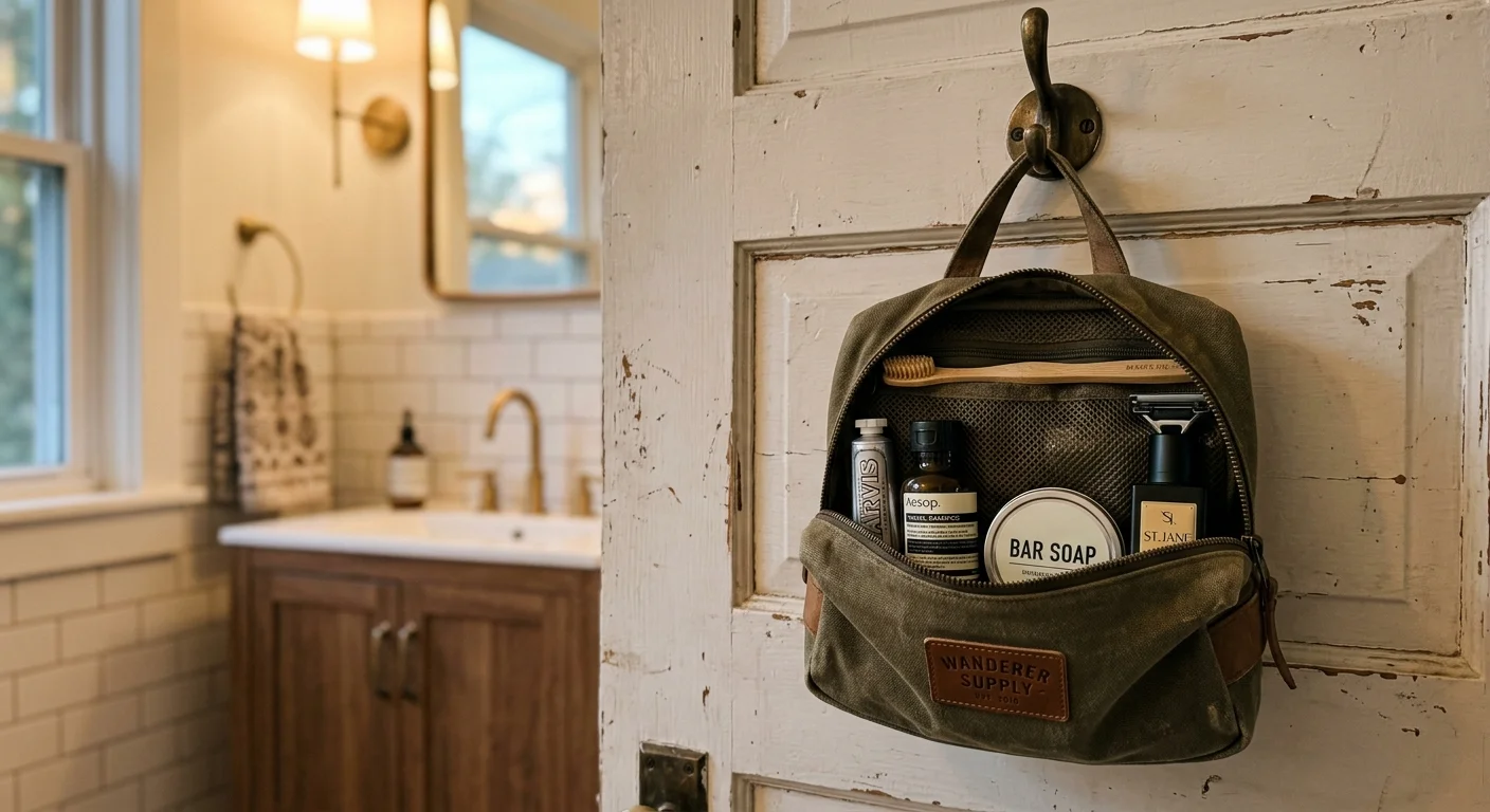 An open olive green canvas toiletry bag filled with travel-size items hanging from a bathroom door hook.
