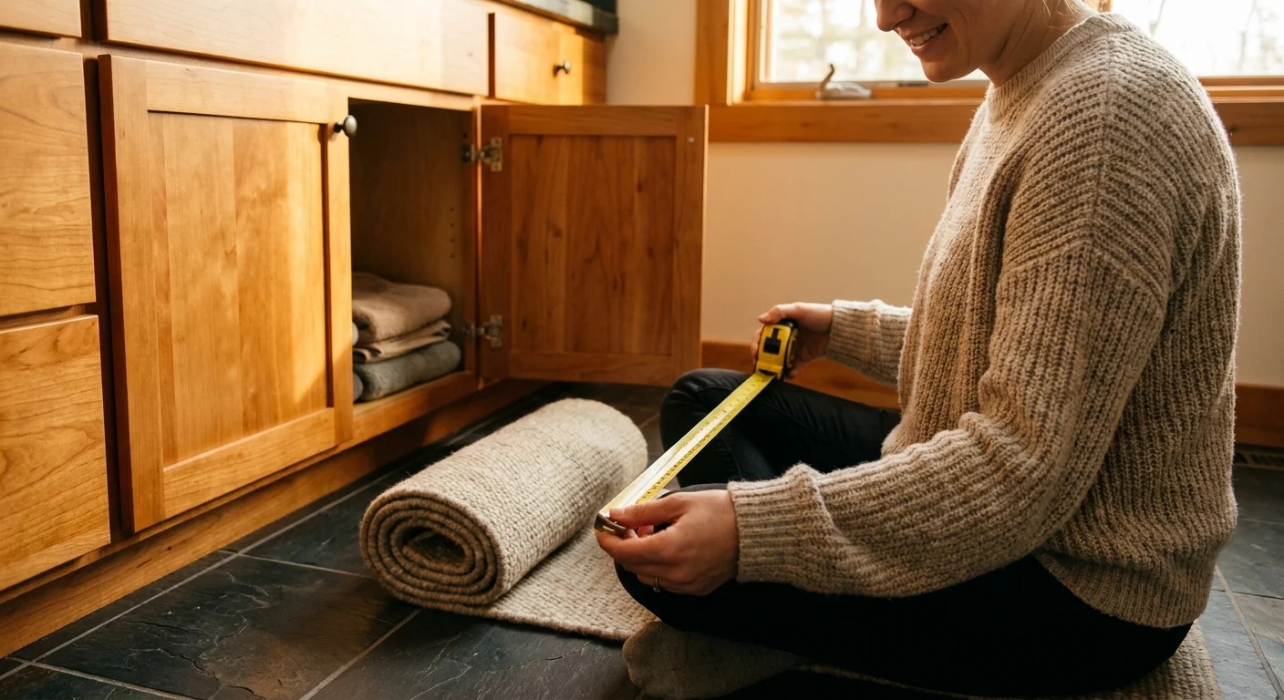 An over-the-shoulder photo of a person in a cozy sweater holding a measuring tape, preparing to measure their bathroom cabinet.