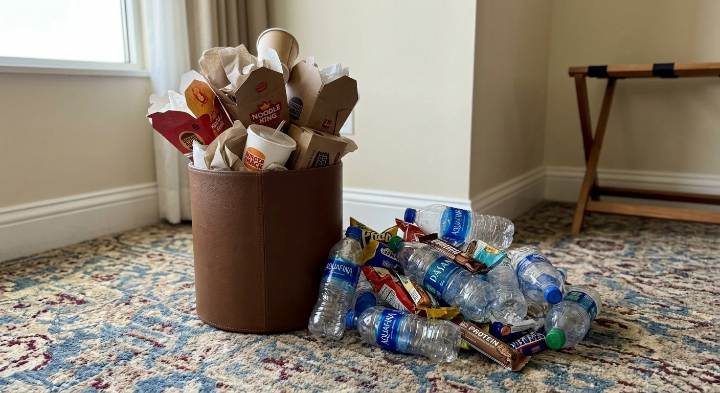 An overflowing hotel room trash can with a pile of extra plastic bottles and food boxes stacked on the floor next to it.