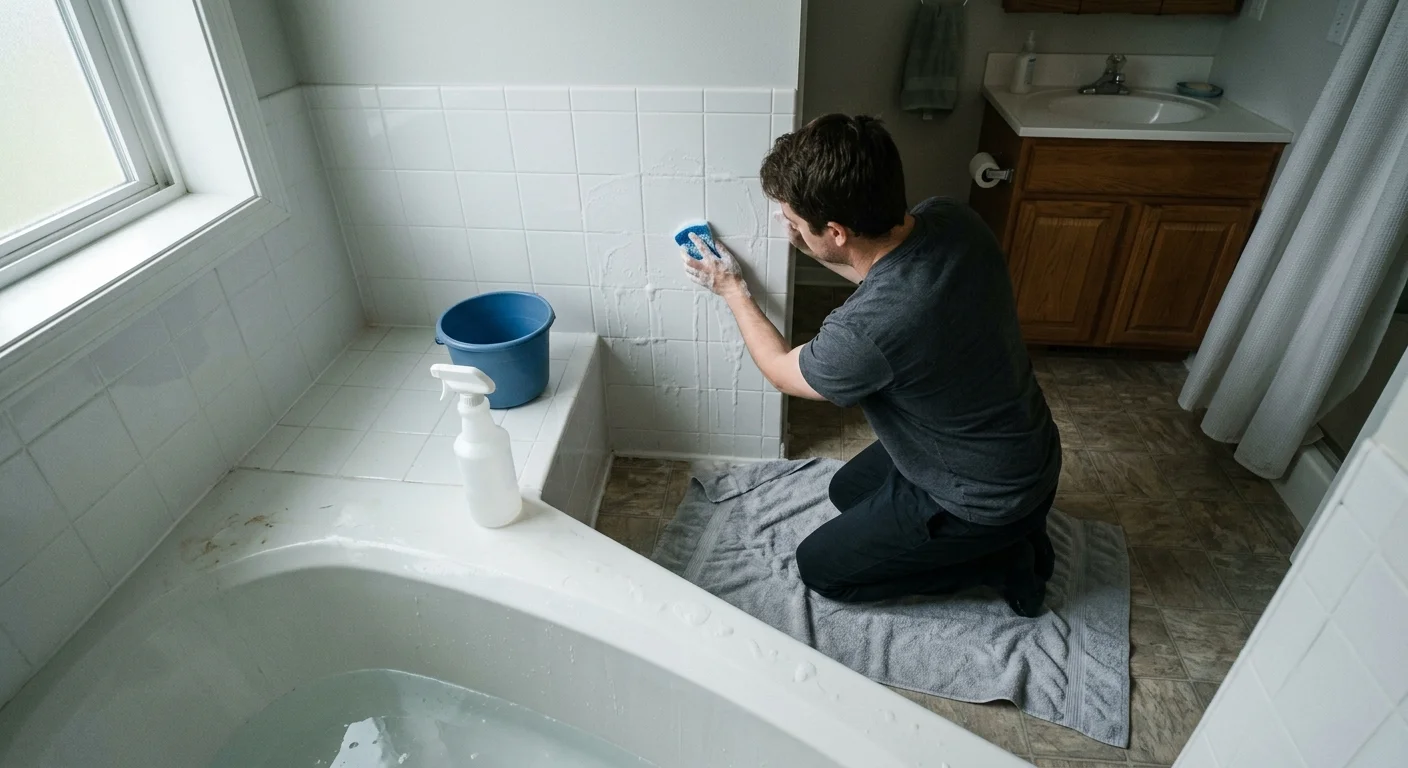 Candid photo of a person scrubbing white shower tiles with a sponge in a bright, sunlit bathroom.