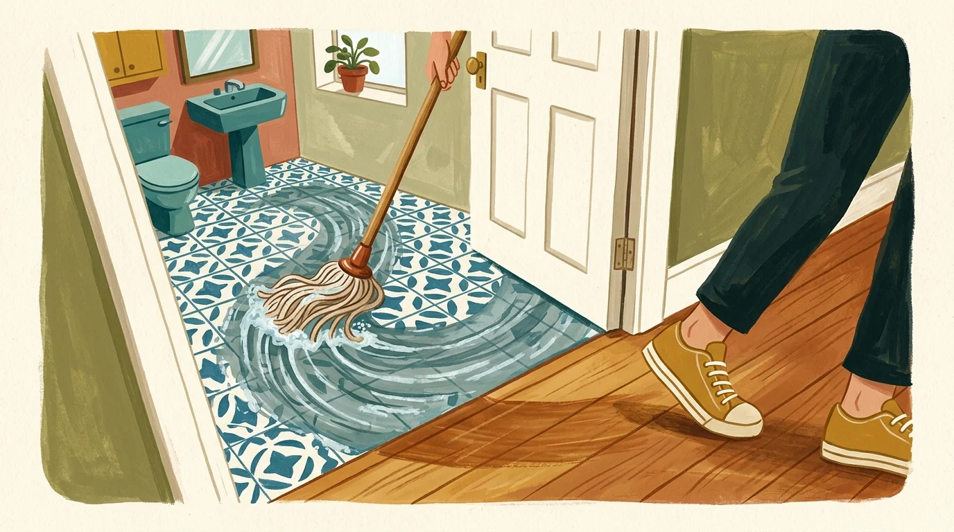 Charming gouache illustration of a person stepping backward out of a bathroom while mopping the tiled floor.