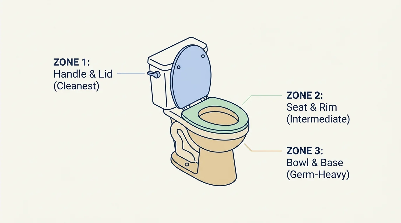Clean infographic diagram of a toilet color-coded into three hygienic cleaning zones.