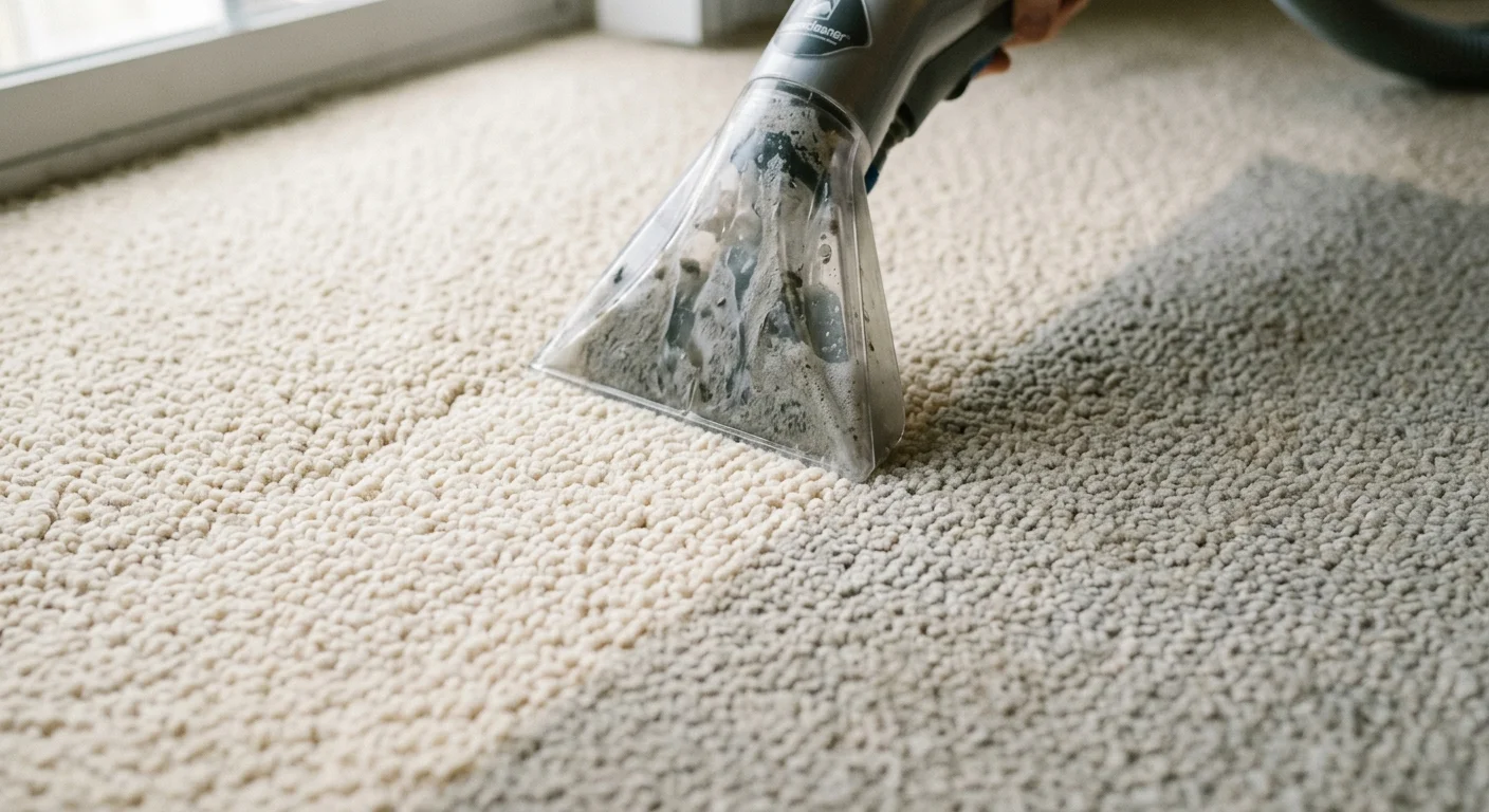 Close-up of a carpet cleaner nozzle pulling dirty water from a cream carpet, leaving a bright, clean path behind it.