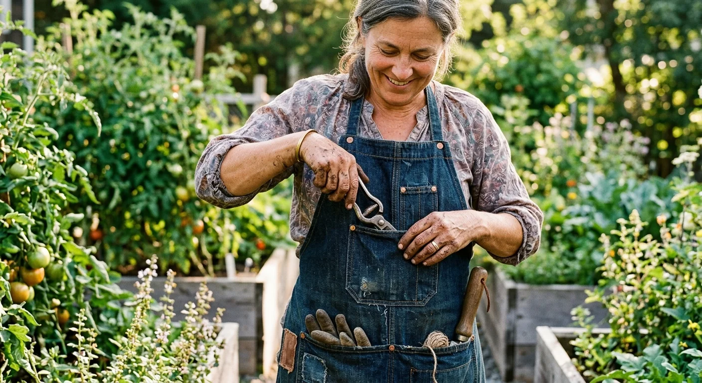 Close-up of a gardener wearing a sturdy homemade denim apron, placing metal shears into a pocket in a sunlit garden.