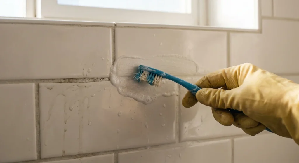 Close-up of a hand in a yellow glove scrubbing white subway tile grout with an old toothbrush, showing dirty-to-clean transformation.