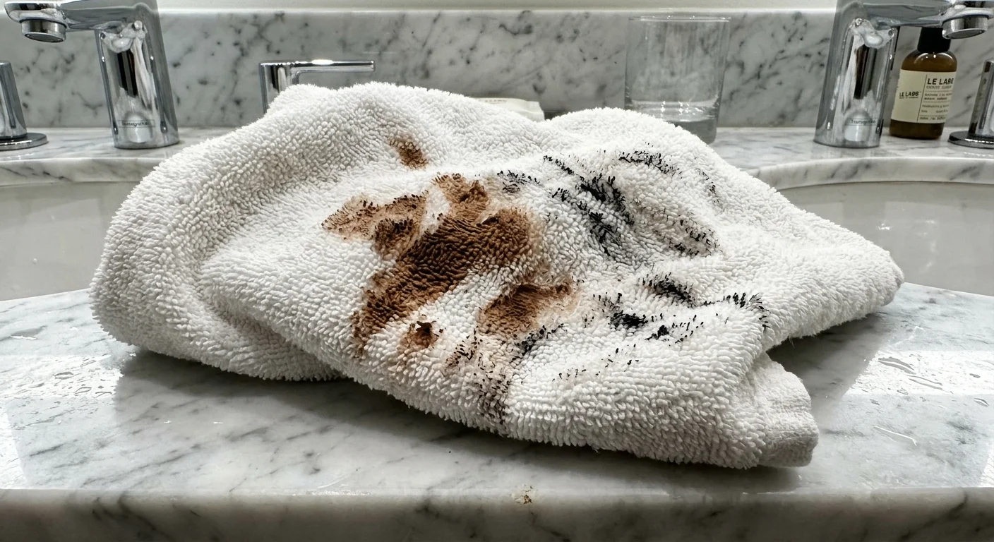Close-up of a white hotel hand towel stained with orange foundation and black mascara streaks.