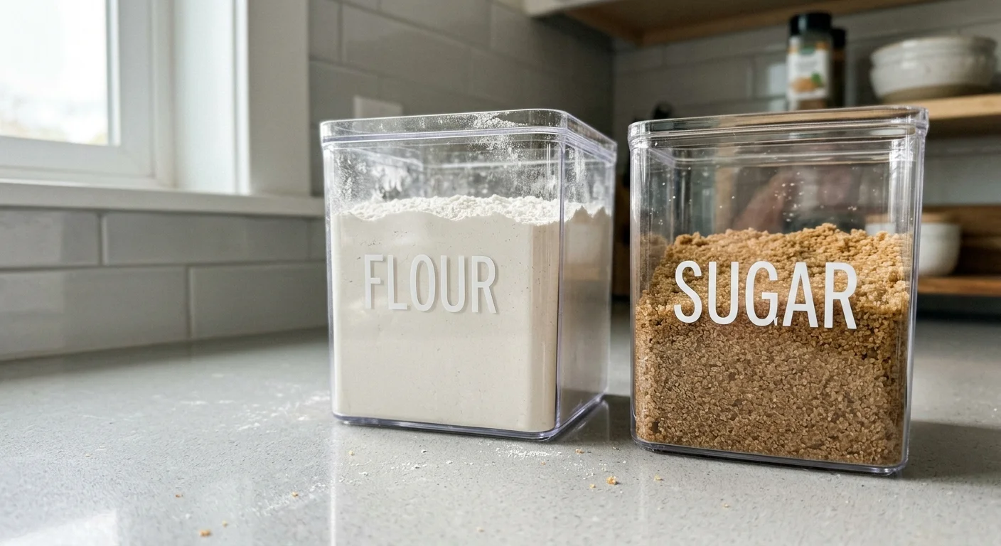 Close-up of clear kitchen containers labeled with sleek, minimalist white decals for flour and sugar.