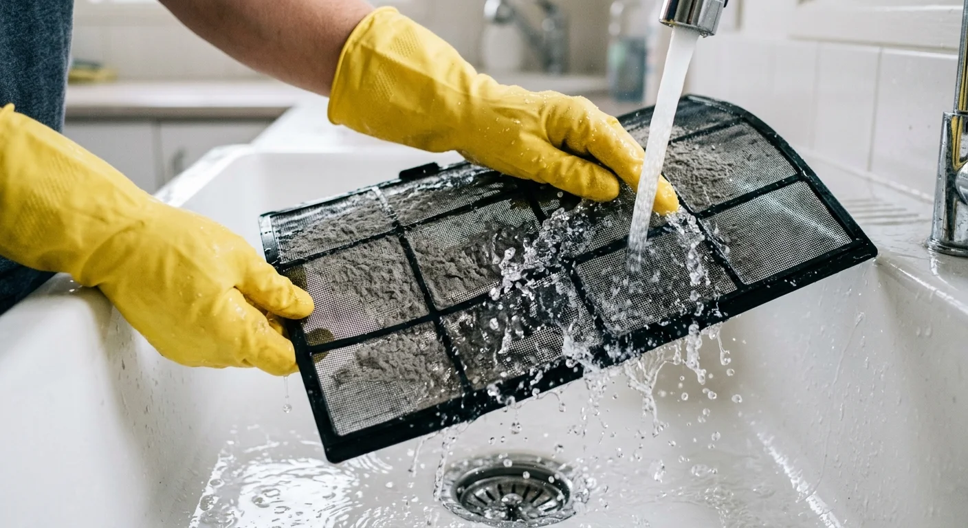 Close-up of gloved hands rinsing dust off a black mesh AC filter under running water in a white sink.