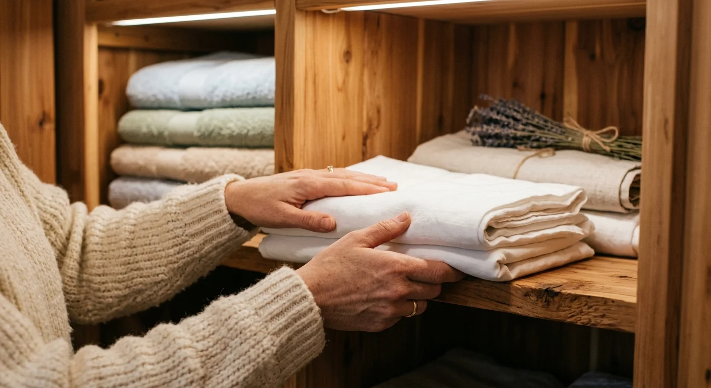 Close-up of hands folding and placing clean white linen sheets onto a shelf in a warm, wooden linen closet.