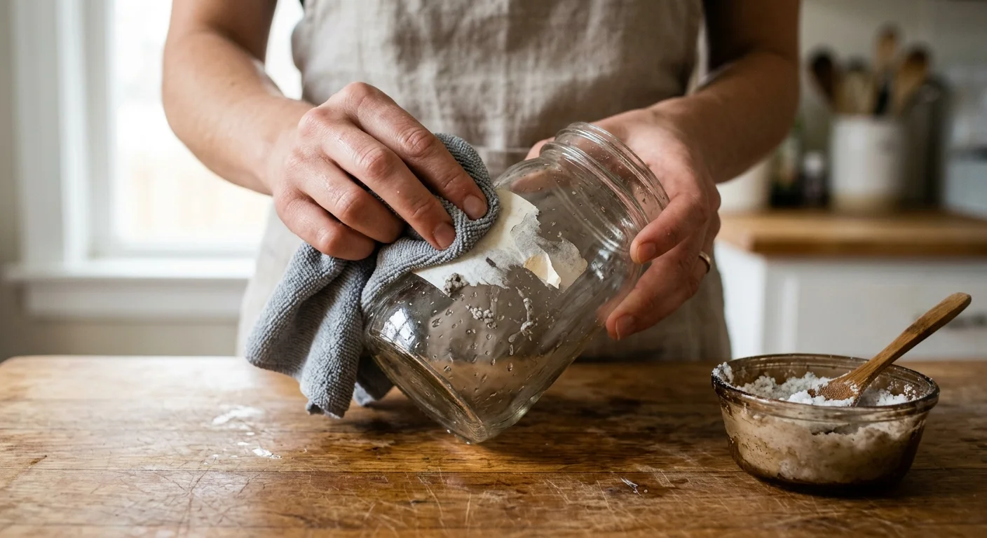 Close-up of hands using a damp cloth and natural mixture to rub sticky adhesive residue off a glass jar.