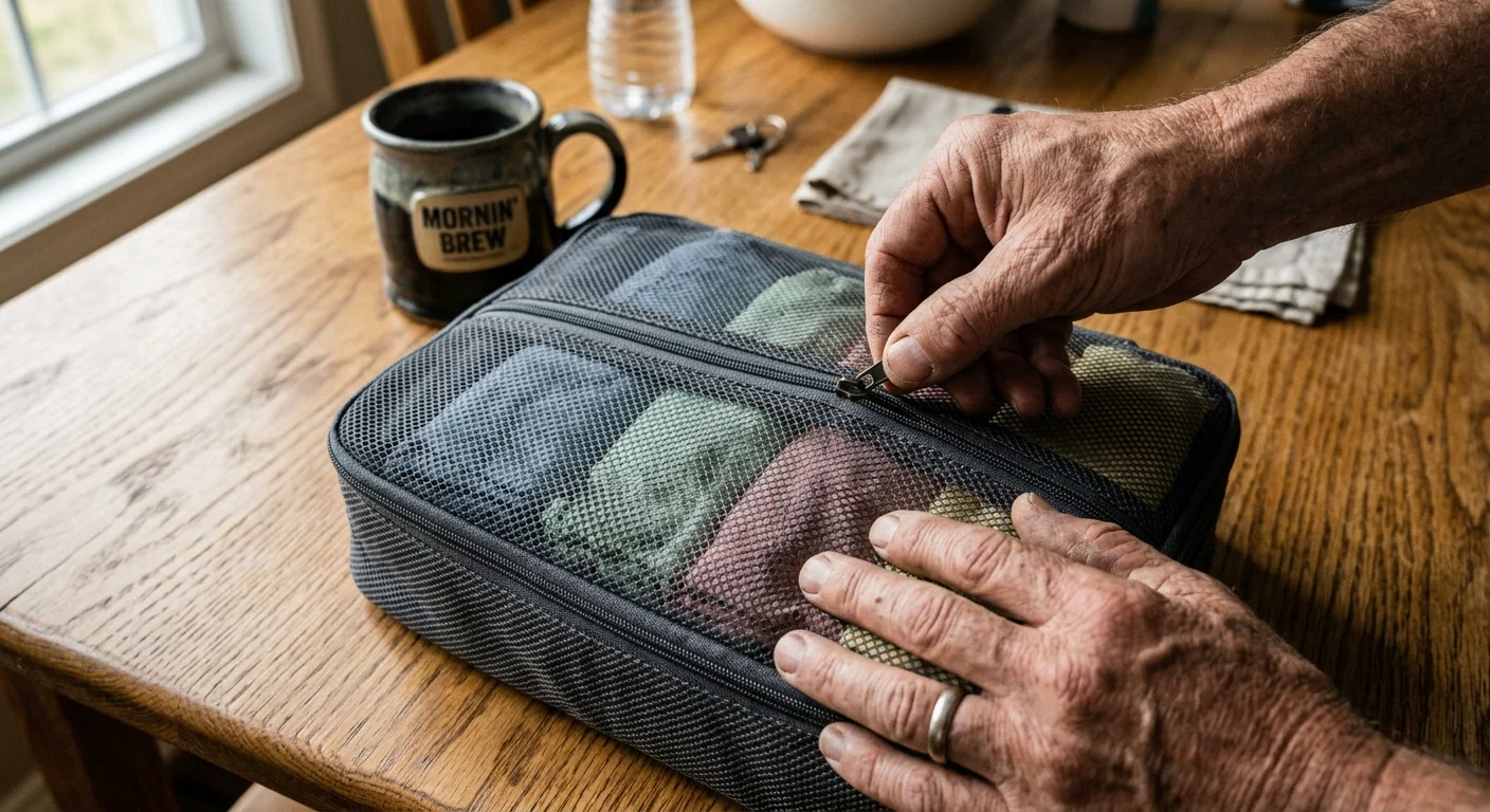 Close-up of hands zipping up a structured mesh packing cube filled with folded clothes on a wooden table.