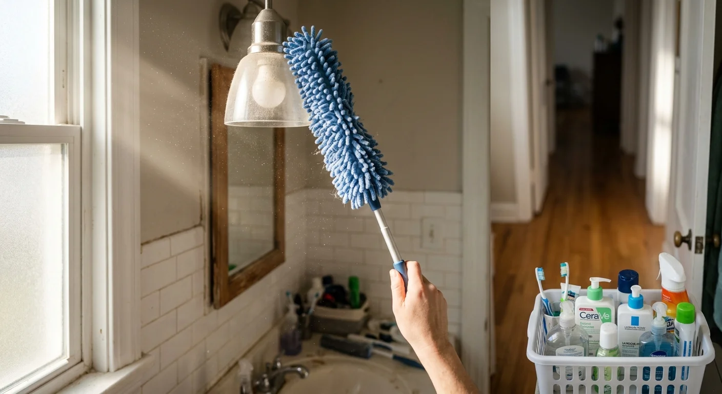 Close-up photo of a hand dusting a high bathroom light fixture while dust motes float in morning sunlight.