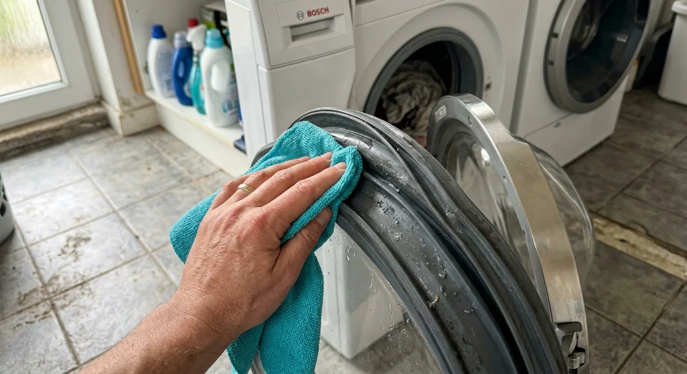 Close-up photo of a hand wiping down the rubber seal of a front-loading washing machine with a turquoise microfiber cloth.