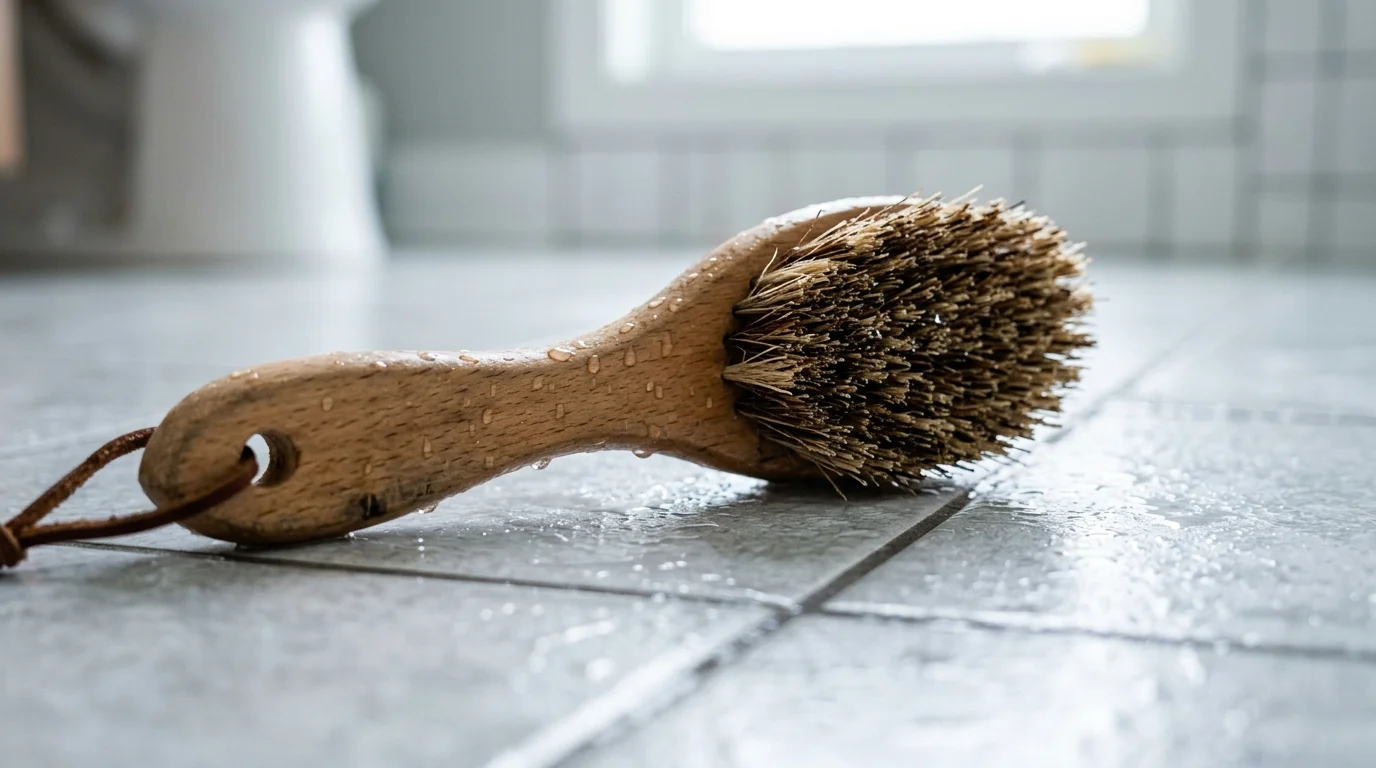 Close-up photo of a wooden-handled scrub brush with natural bristles resting on wet gray bathroom tiles.