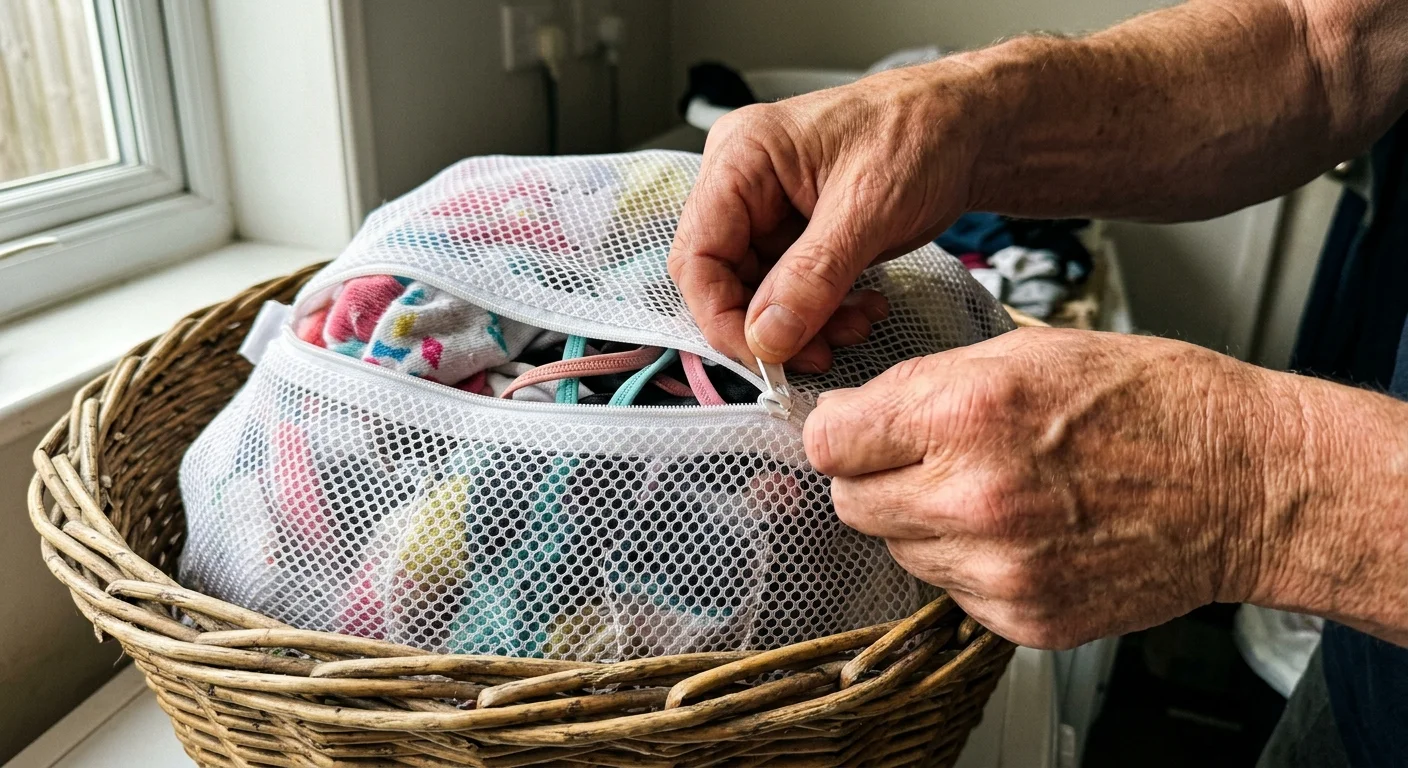 Close-up photo of hands zipping up a white mesh laundry bag filled with socks and small garments over a wicker basket.