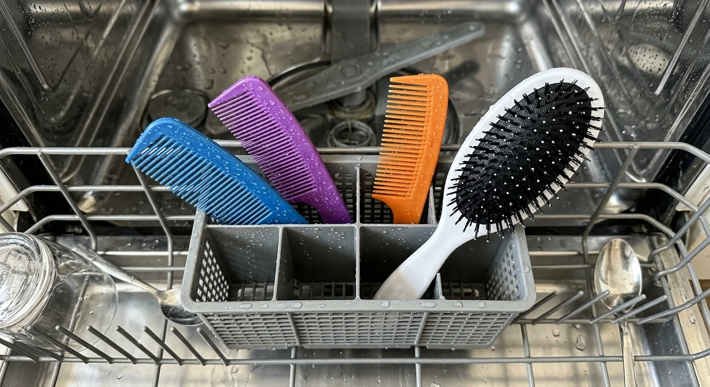 Colorful plastic combs and a hairbrush clean and wet inside a dishwasher cutlery basket.