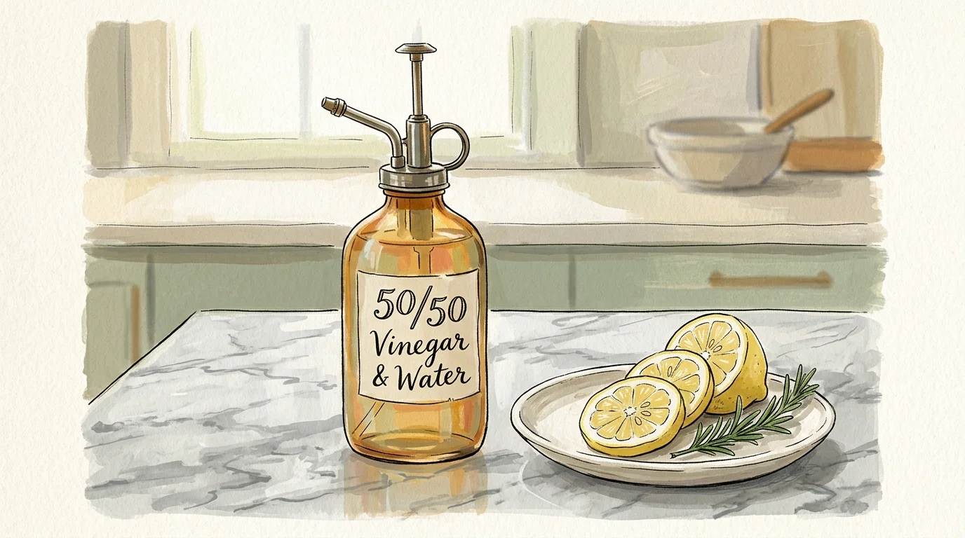 Cozy gouache illustration of an amber glass spray bottle labeled 50/50 Vinegar & Water, next to lemon slices on a marble counter.