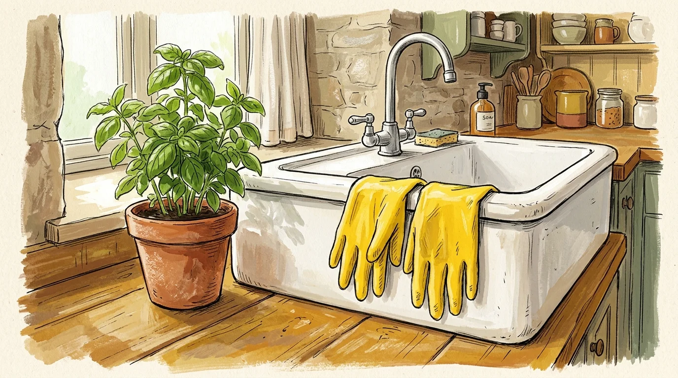 Cozy gouache illustration of yellow rubber gloves draped over a farmhouse sink next to a potted herb.