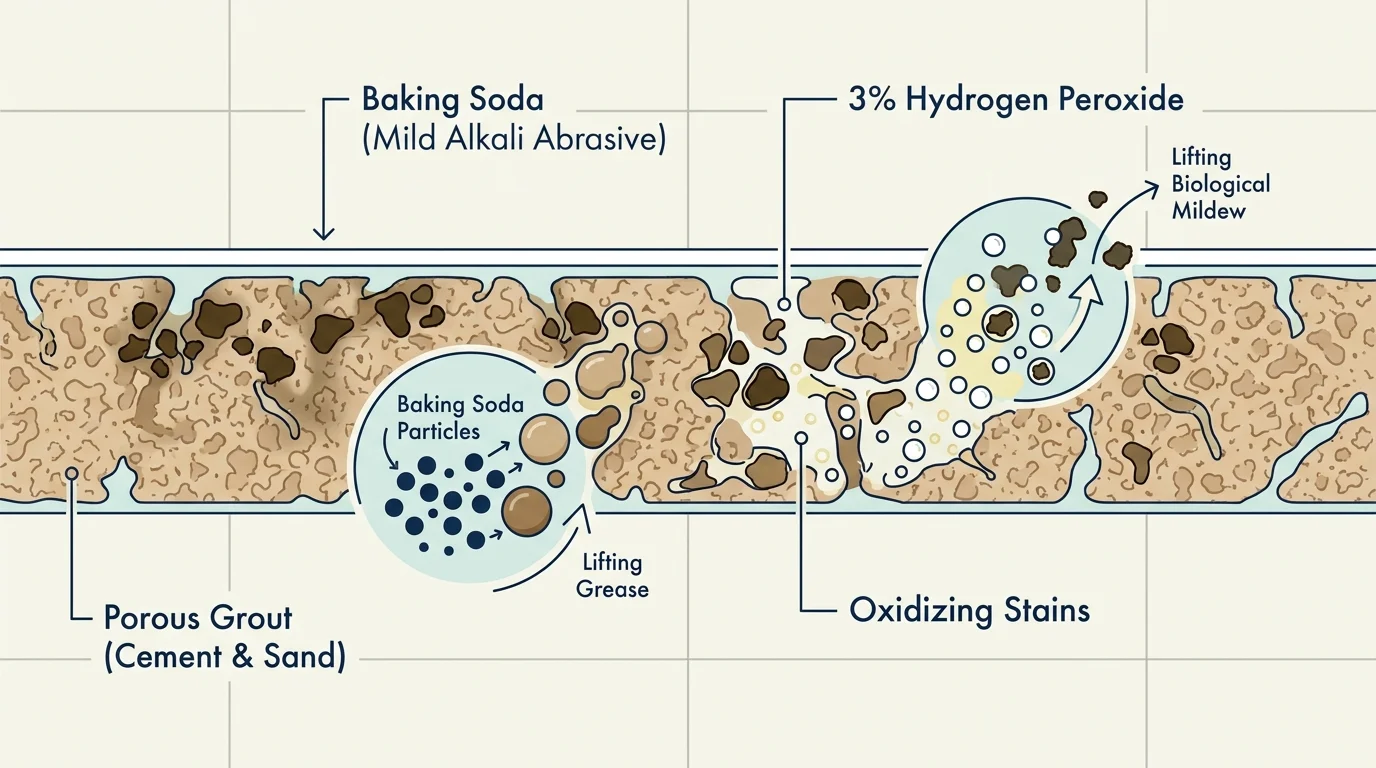 Cross-section diagram illustrating how baking soda and hydrogen peroxide lift dirt and mildew out of porous cement grout lines.