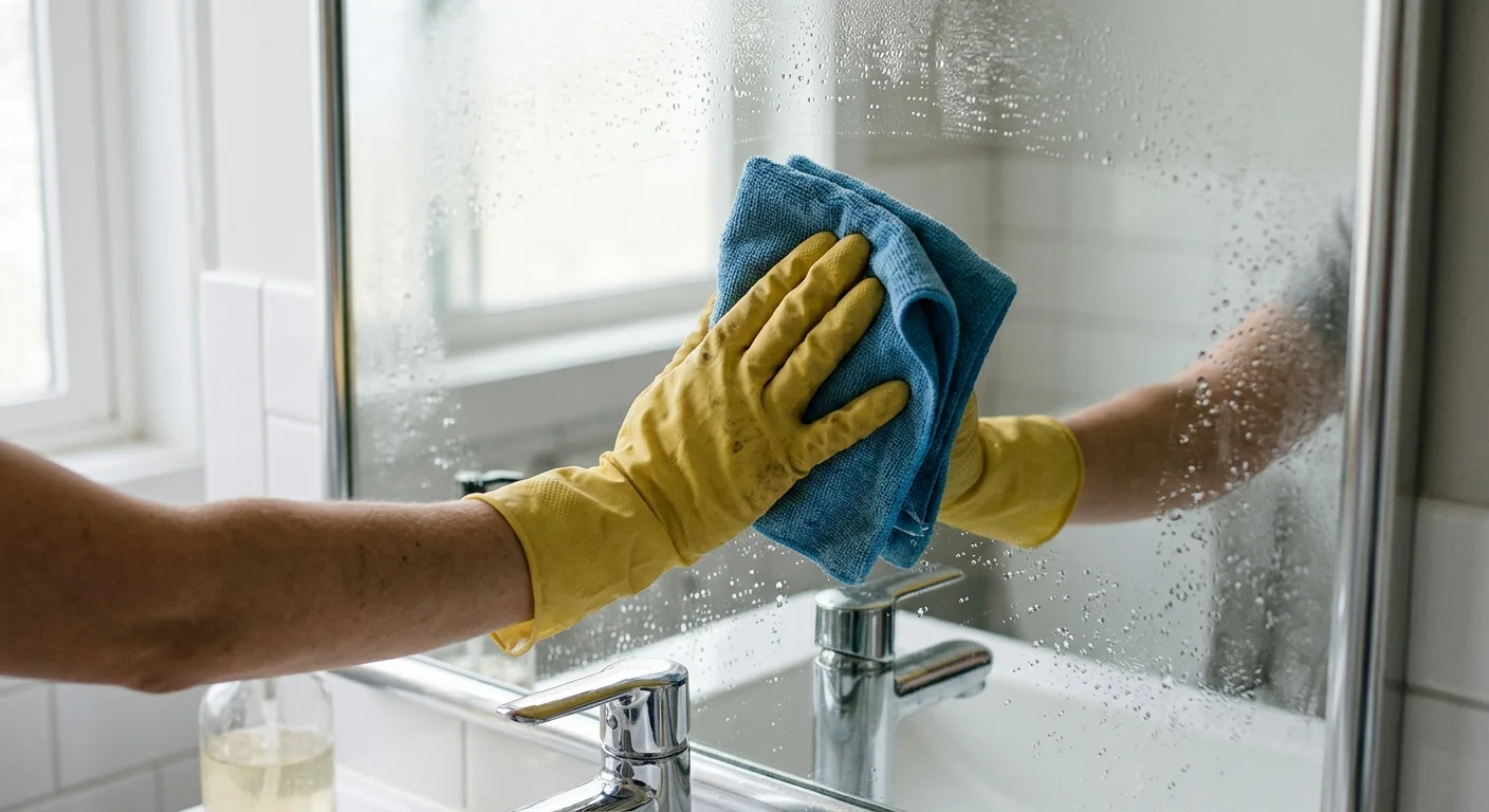 Detailed photo of a gloved hand wiping a bathroom mirror clean, with the sink reflected in the glass.