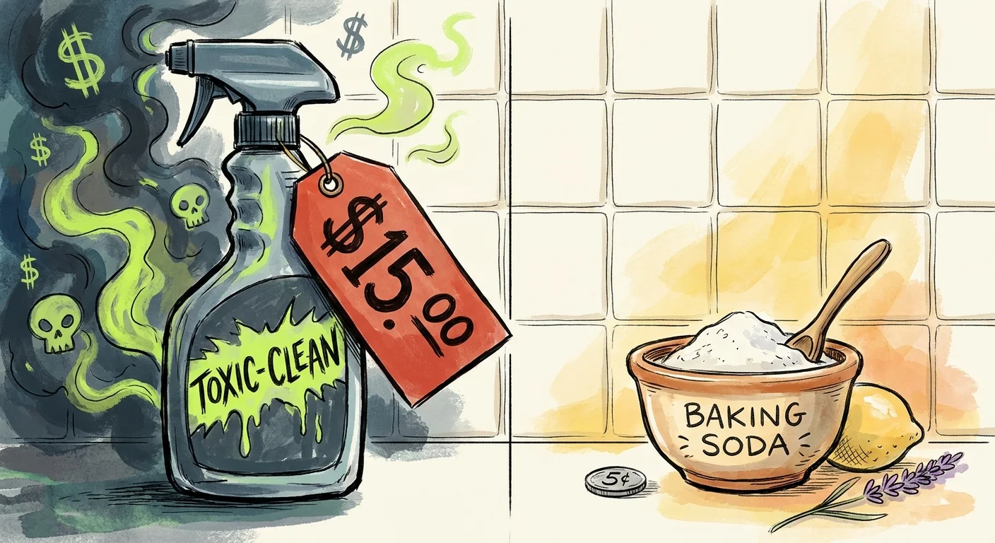 Editorial illustration contrasting a dark, expensive fifteen-dollar spray bottle with a humble bowl of baking soda and a five-cent coin.