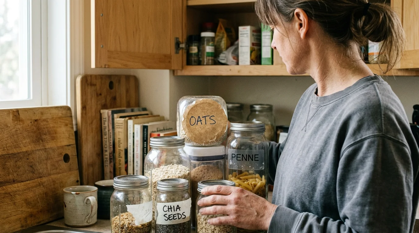 Editorial photograph illustrating: Comparing Pantry Label Materials for Your Kitchen