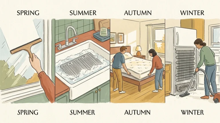 Four seasonal panels showing window washing, filter cleaning, rotating a mattress, and vacuuming coils in a warm gouache style.