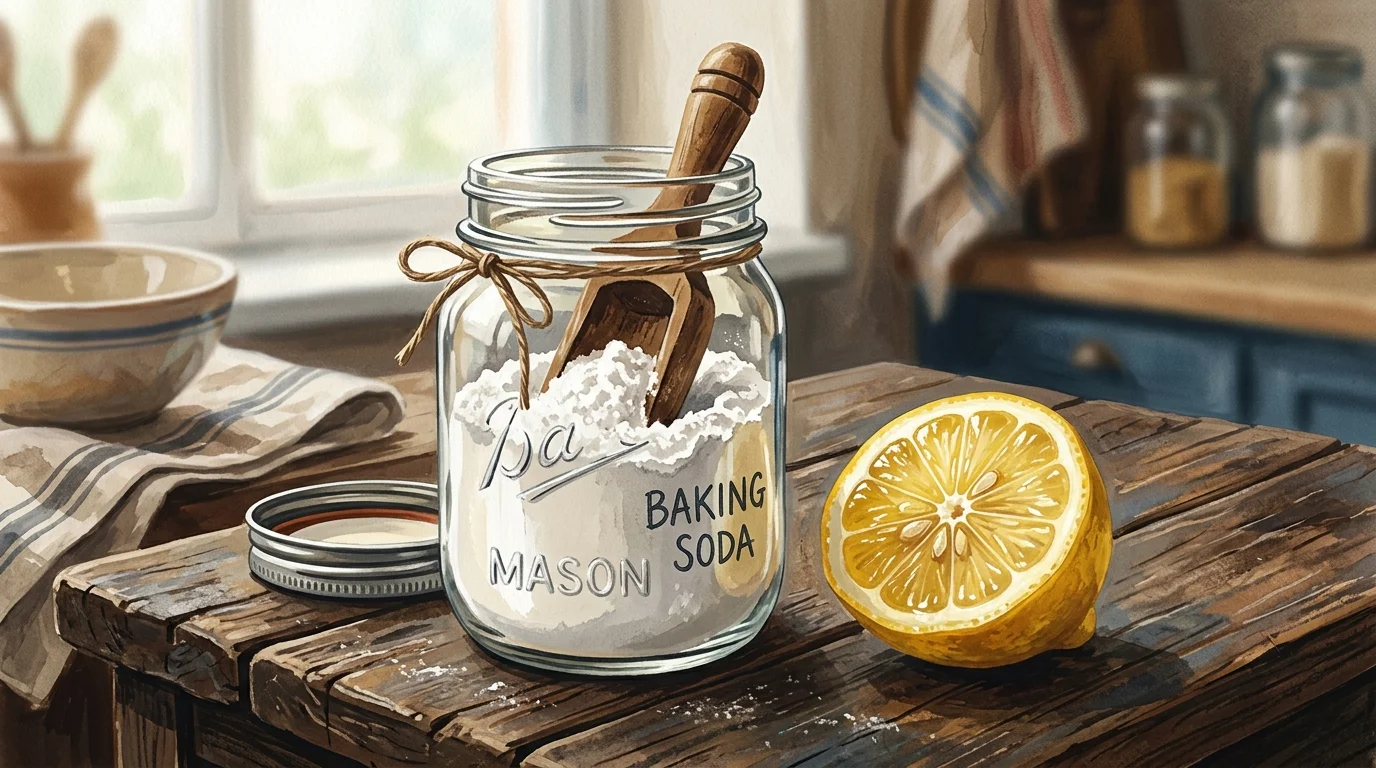 Gouache illustration of a mason jar filled with baking soda, a wooden scoop, and a freshly cut lemon half on a rustic wood table.