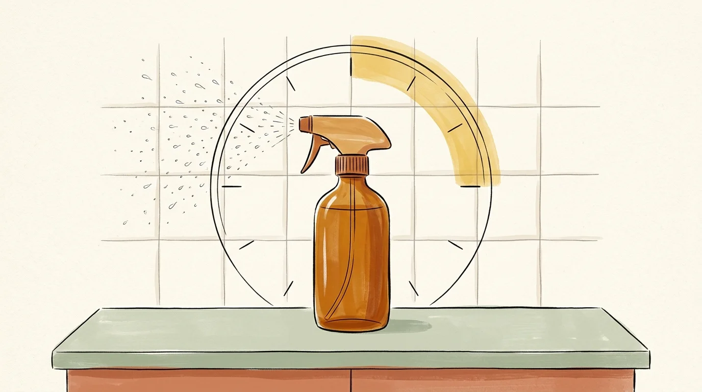 Gouache illustration of a spray bottle and a clock highlighting dwell time on tiled bathroom walls.