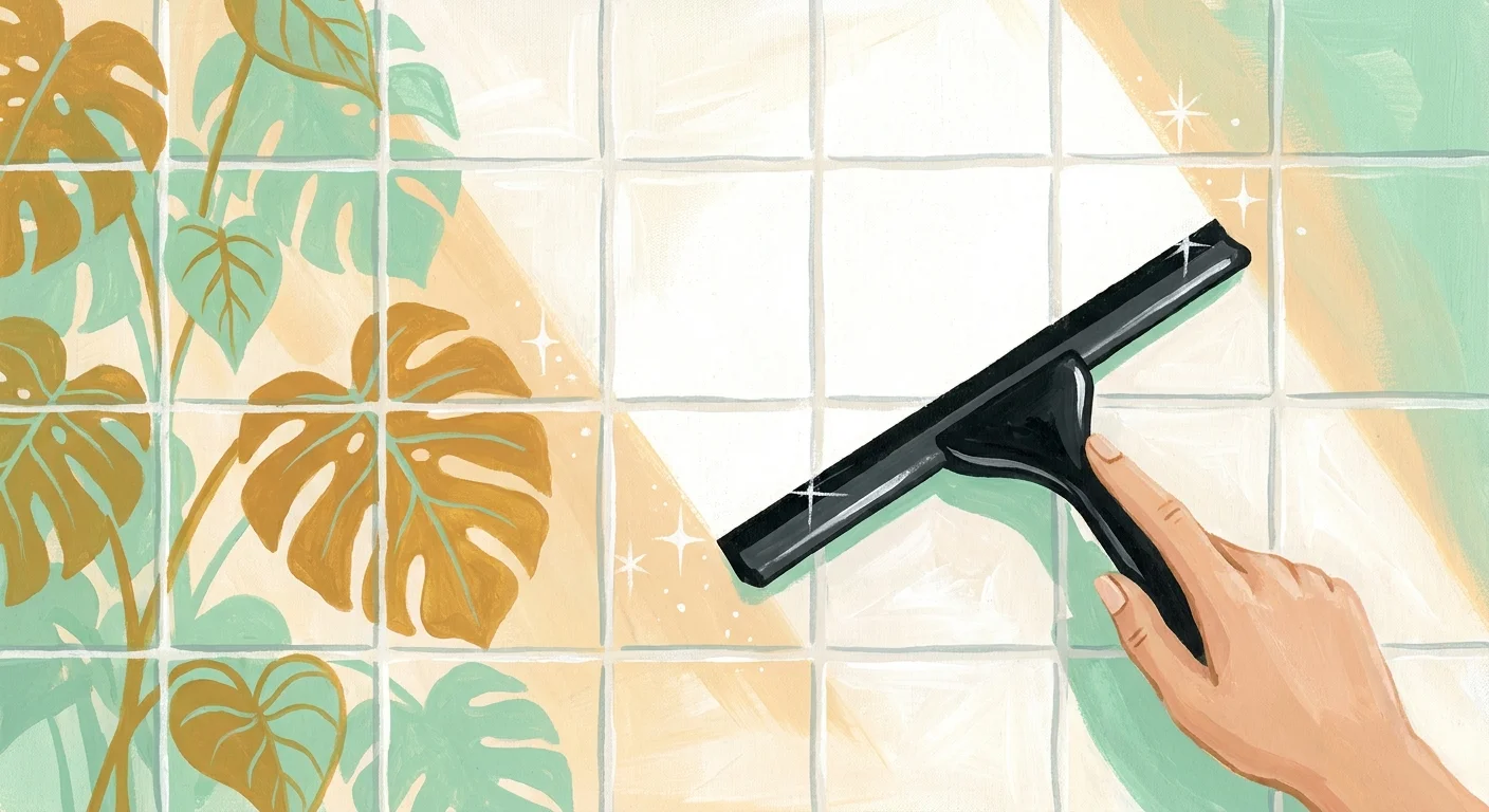 Gouache illustration of a squeegee clearing water off a sunny, clean tiled wall with sparkling white grout lines.