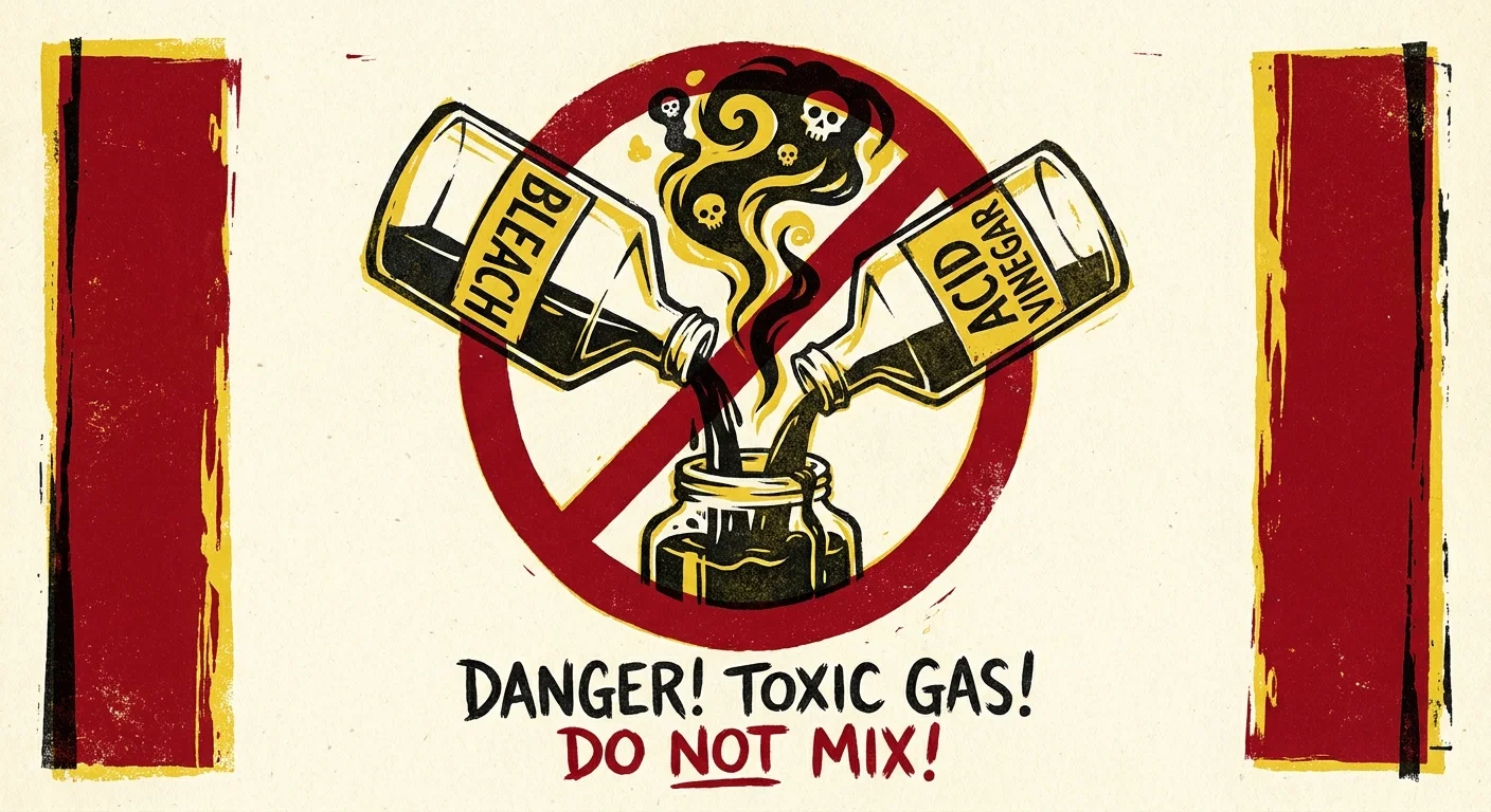 Graphic screenprint-style warning illustration showing the danger of mixing bleach and vinegar, generating a hazardous cloud.
