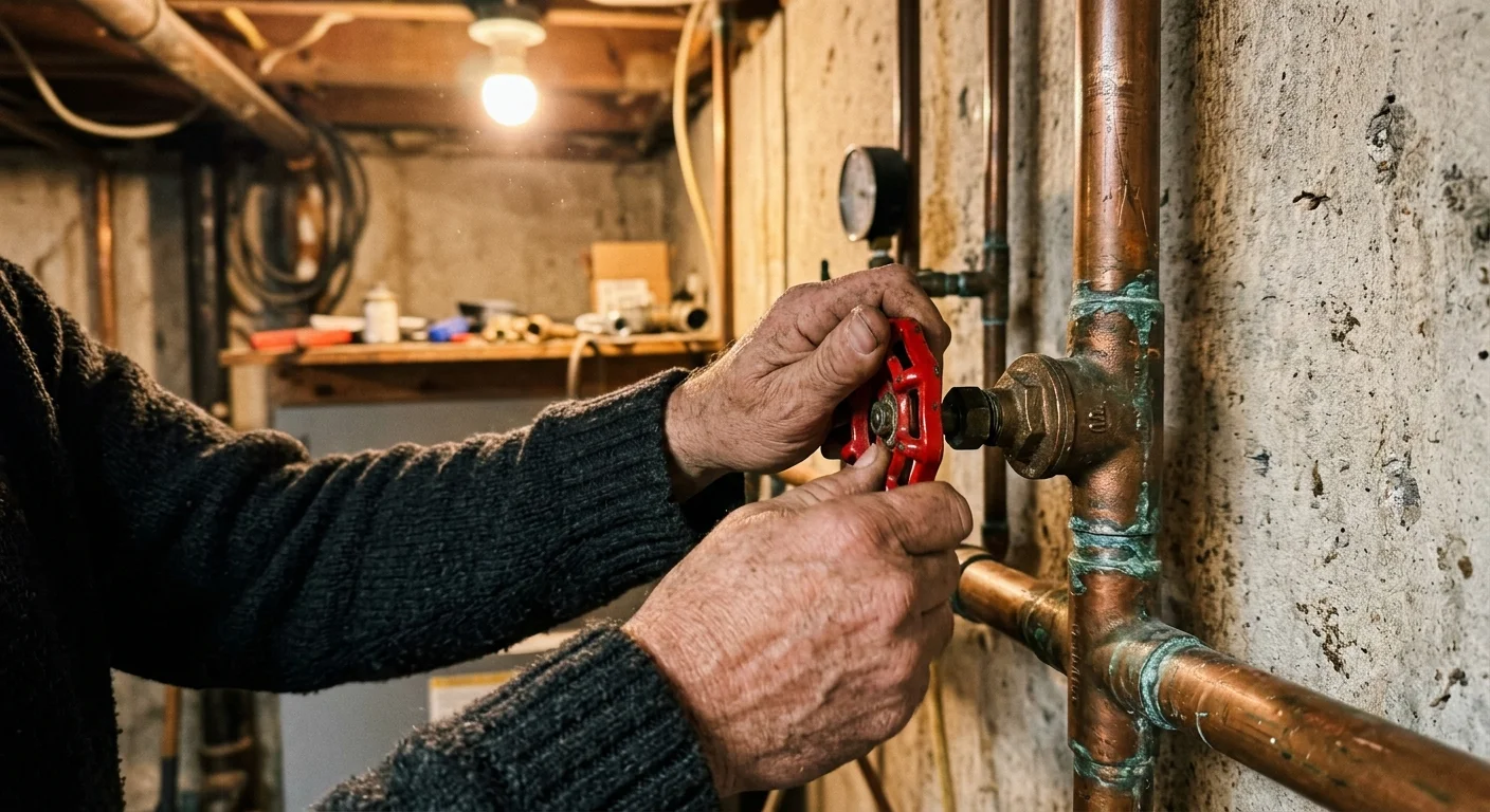 Hands turning a red circular gate valve handle on a copper pipe to shut off the main water supply.