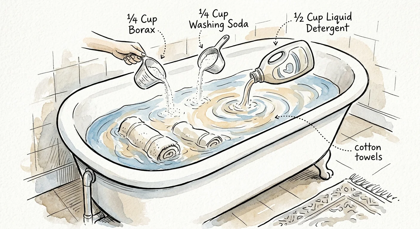 Ink and watercolor illustration showing ingredients for towel stripping—borax, washing soda, and detergent—added to a bathtub.