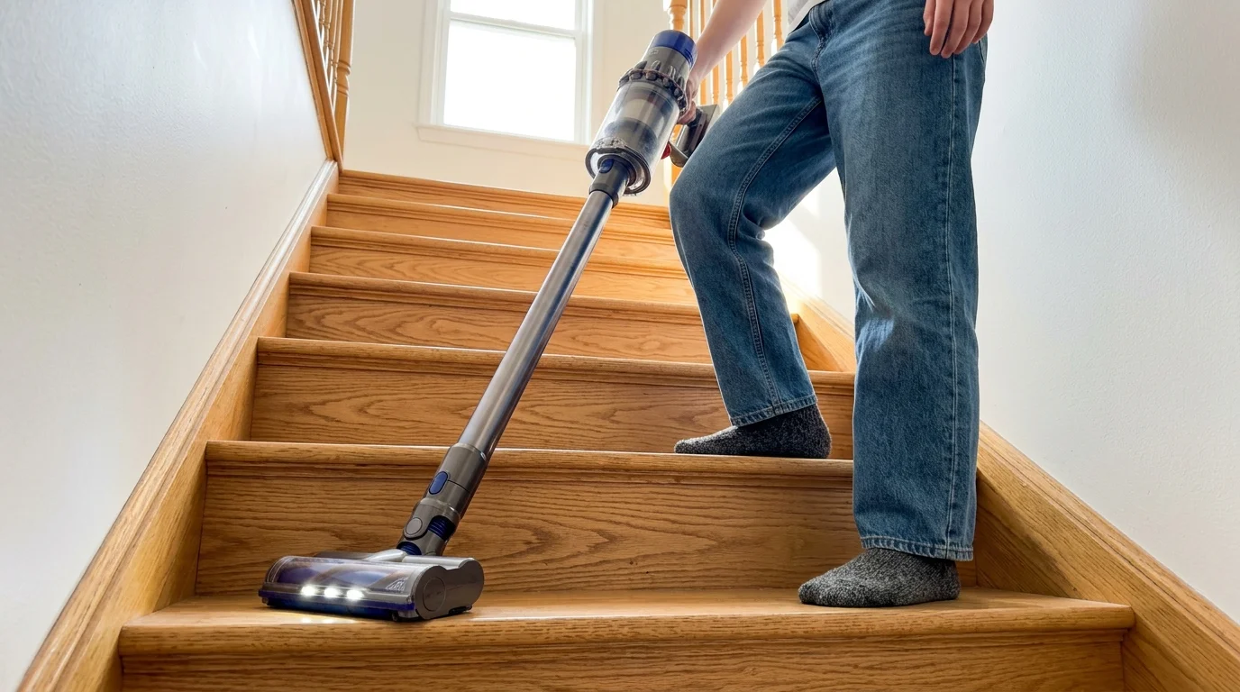 Low-angle candid photo of a person using a lightweight stick vacuum to clean a warm oak staircase.