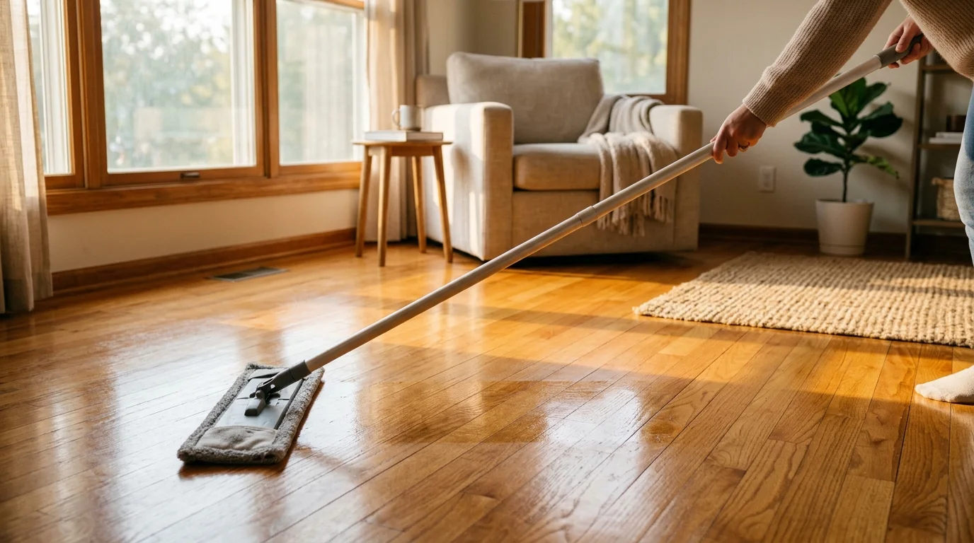 Low-angle photo of a flat microfiber mop cleaning a polished hardwood floor bathed in warm golden light.