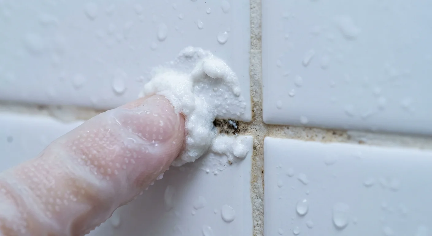 Macro photo of a gloved hand applying a thick dab of baking soda paste directly to a stubborn dark mold spot in a shower corner.