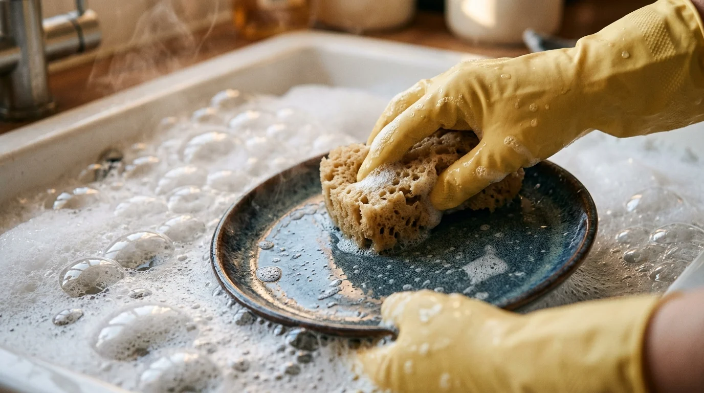 Macro photo of soapy suds and a hand in a yellow glove washing a ceramic plate with a sponge.