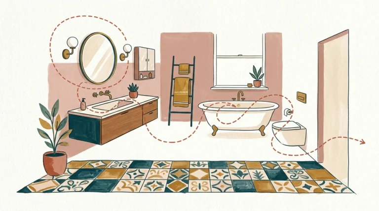 Mid-century modern illustration of a bathroom with a winding line showing the top-to-bottom cleaning path.