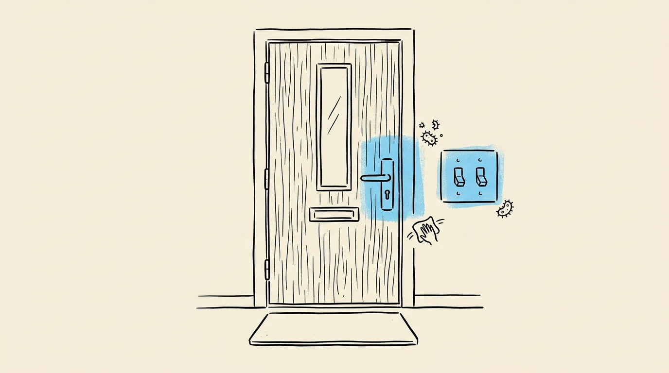 Minimalist conceptual illustration highlighting a door handle and light switch with blue overlays for targeted disinfection.