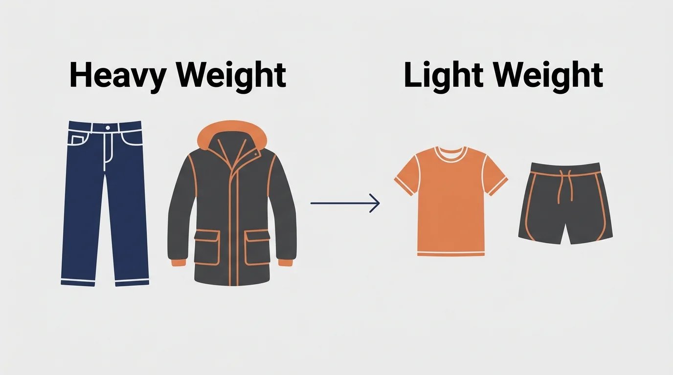 Minimalist diagram showing clothes sorted into 'Heavy Weight' (denim) and 'Light Weight' (t-shirts) categories.