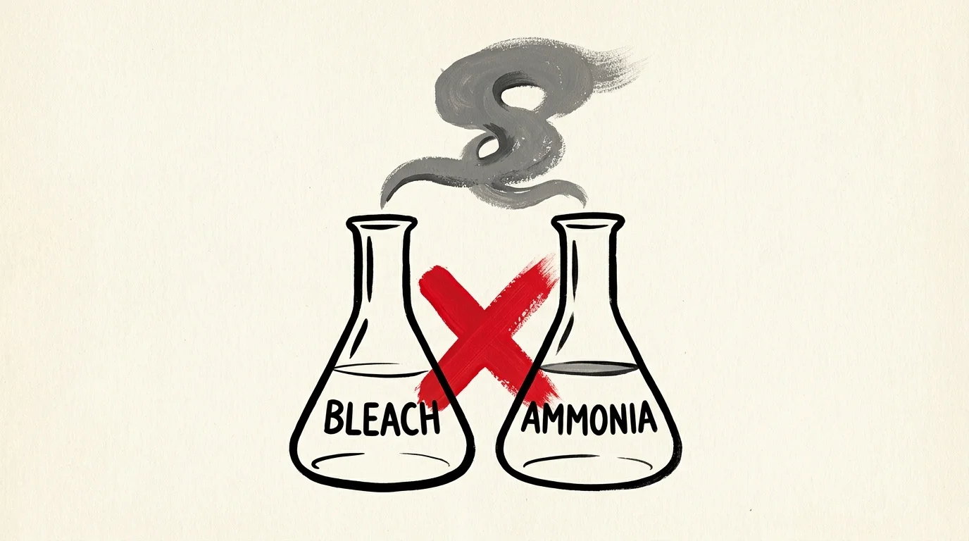 Minimalist graphic warning illustration showing a red X between bleach and ammonia flasks.
