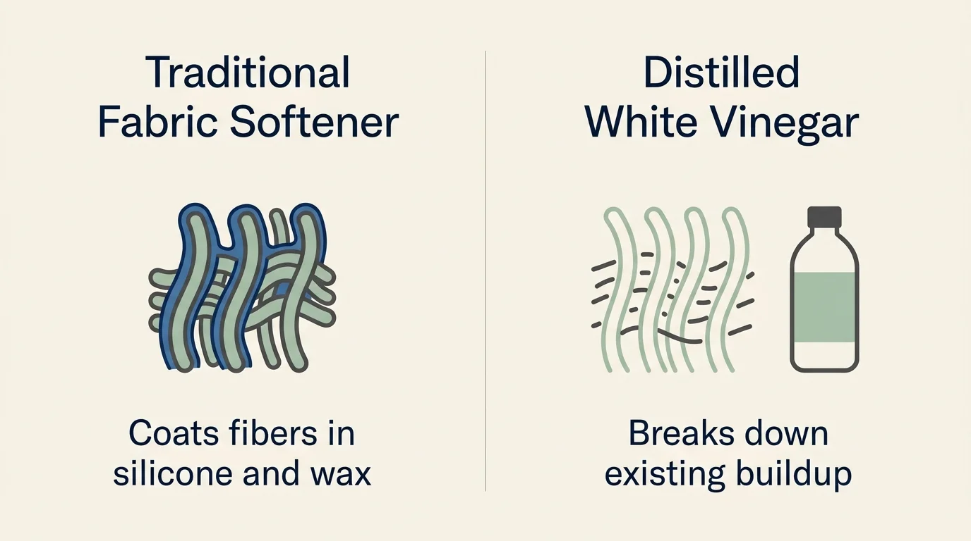 Minimalist infographic comparing fabric softener's waxy buildup to white vinegar's clean, residue-free results.