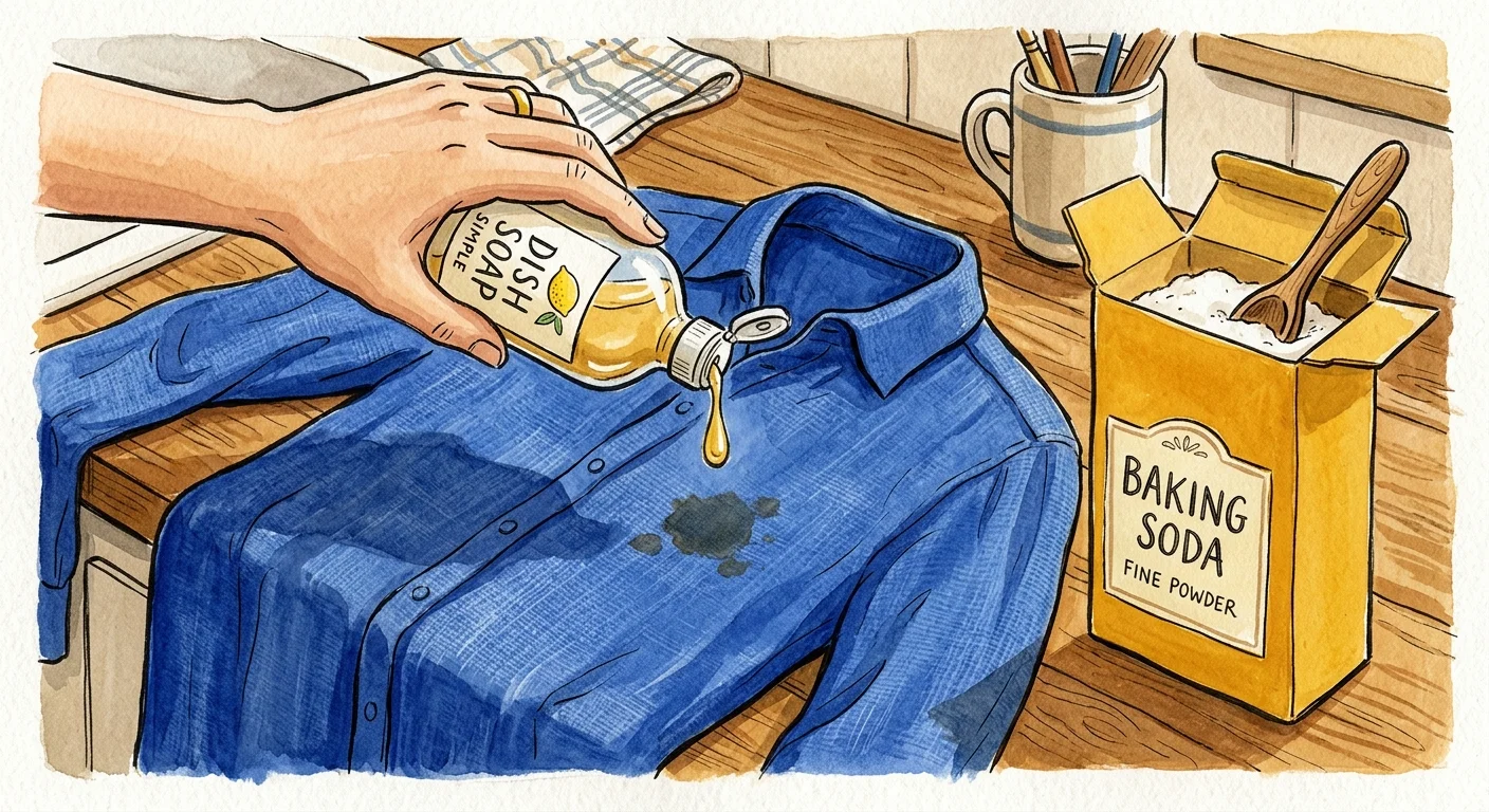 Opaque gouache illustration of dish soap being applied to a grease stain on a blue shirt next to a box of baking soda.