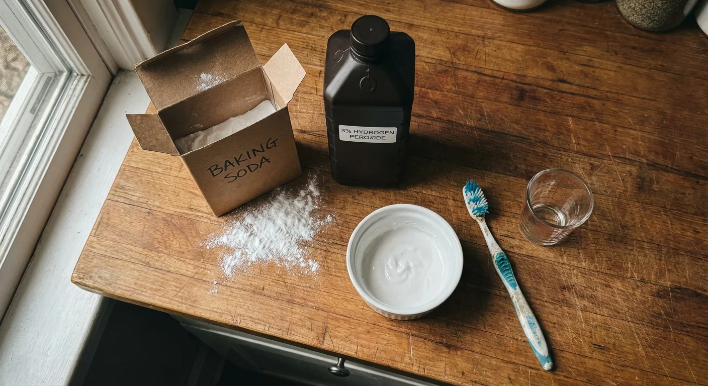 Overhead photo of a baking soda box, brown hydrogen peroxide bottle, mixing bowl with paste, and a toothbrush on a wooden counter.